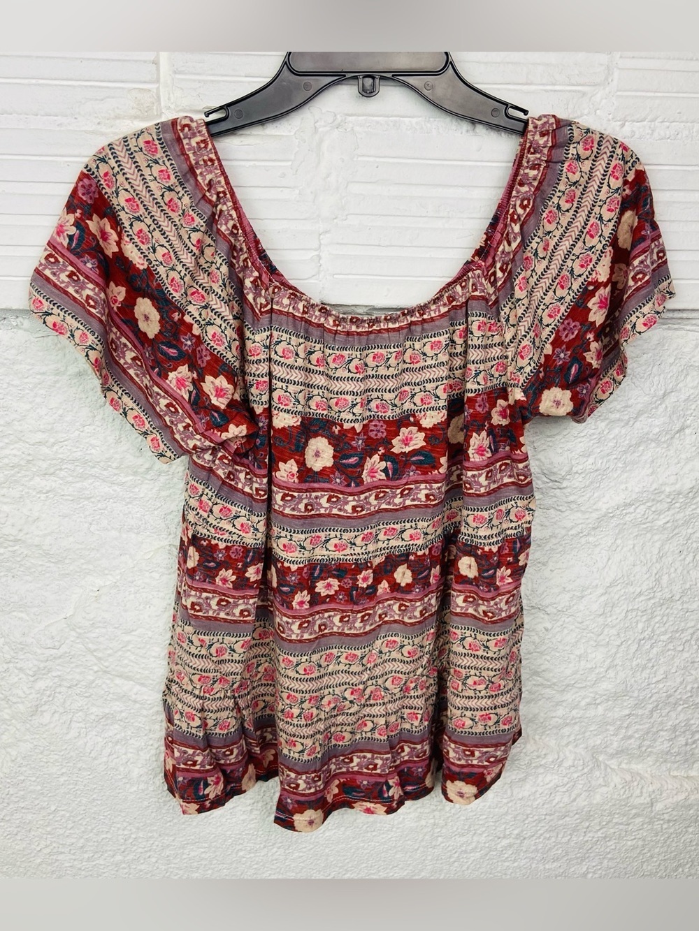 NWT Lucky Brand pink & cream cotton bohemian Floral Peasant Top size small - Picture 10 of 14